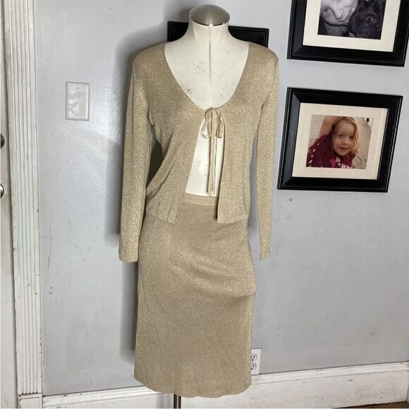 Vtg‎ 90s Y2K Escada Gold Glitter Tie Front Top Skirt Suit Metallic 34 S US 4 6 - Picture 9 of 10